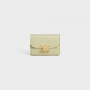 ALMOND GREEN Celine FLAP TRIOMPHE Shiny calfskin Card Holders | CL-592948