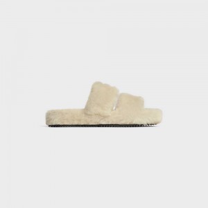 Beige/Nude Celine FUR SLIDES TRIOMPHE OPEN SLIDES in Shearling Loafers | CL-592538