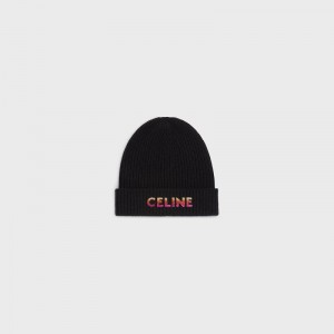 Black Celine EMBROIDERED BEANIE IN RIBBED WOOL Hat | CL-591718