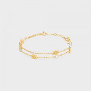 Gold / Ivory Celine Triomphe Pearl Double in Brass with Gold Finish and Resin Pearls Bracelets | CL-592236