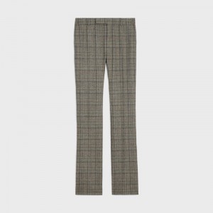 IVOIRE/GRIS/TOFEE Celine flared in prince of wales flannel Trousers | CL-592015