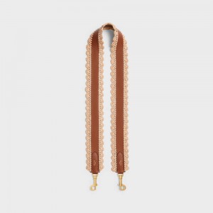 Natural / Tan Celine long strap in RAFFIA AND CALFSKIN Leather Goods Accessories | CL-592906