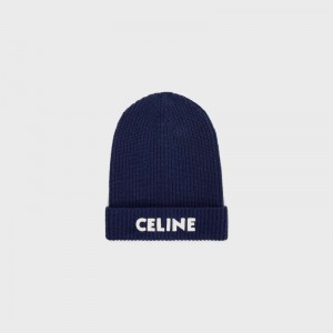 Navy Celine EMBROIDERED BEANIE IN RIBBED FELTED WOOL Hat | CL-591715