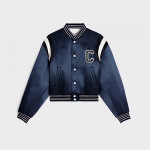 Navy Celine cropped bomber in thick satin Jackets | CL-592681