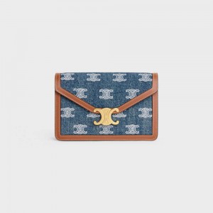 Navy / Tan Celine WALLET ON CHAIN TRIOMPHE in DENIM WITH TRIOMPHE ALL-OVER EMBROIDERY AND CALFSKIN Mini Bags | CL-593027