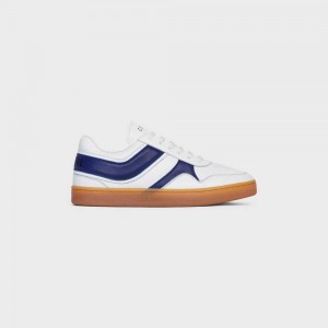 Optic White/Navy/Beige Celine TRAINER LOW LACE-UP in CALFSKIN Sneakers | CL-592549