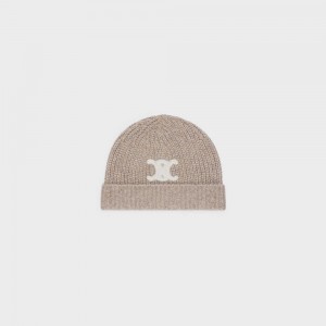 Sand Celine TRIOMPHE EMBROIDERED BEANIE IN SEAMLESS CASHMERE Hat | CL-592369