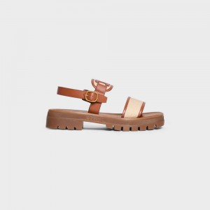 TAN/DARK BEIGE Celine CLEA TRIOMPHE in CALFSKIN - VEGETAL TANNING & CANVAS Sandals | CL-592571