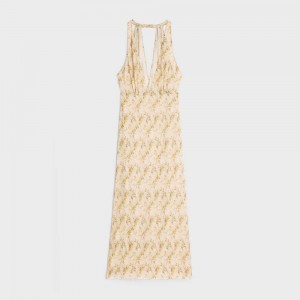 Vanille/Jaune Celine low-cut foulard in silk crêpe Dresses | CL-592861