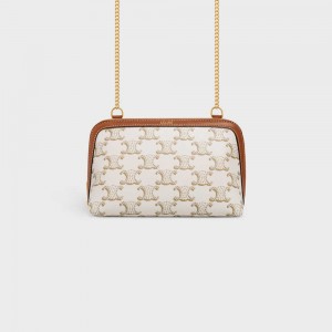 White/Tan Celine Clutch with Chain in Triomphe canvas and Lambskin Mini Bags | CL-593032