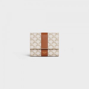 White/Tan Celine Small Trifold in Triomphe Canvas and Lambskin Wallets | CL-593005