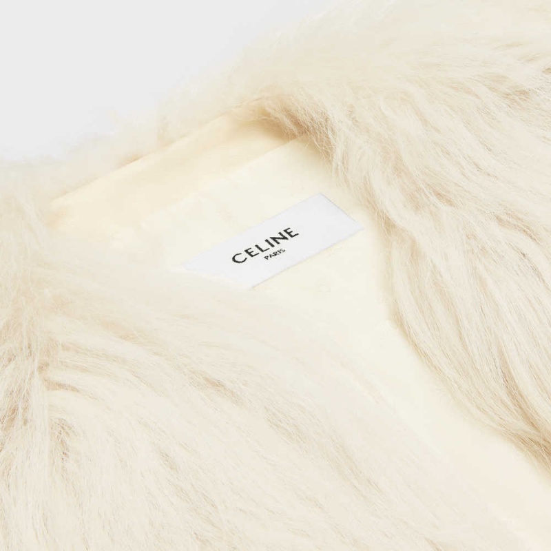 Beige Celine Crew neck in long goat hair Jackets | CL-592685