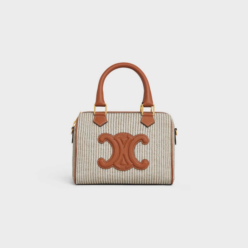 Beige Celine SMALL BOSTON in STRIPED TEXTILE AND CALFSKIN Cuir Triomphe | CL-593151