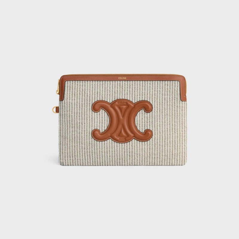 Beige Celine STRAP CUIR TRIOMPHE IN STRIPED TEXTILE AND CALFSKIN Pouch | CL-592886