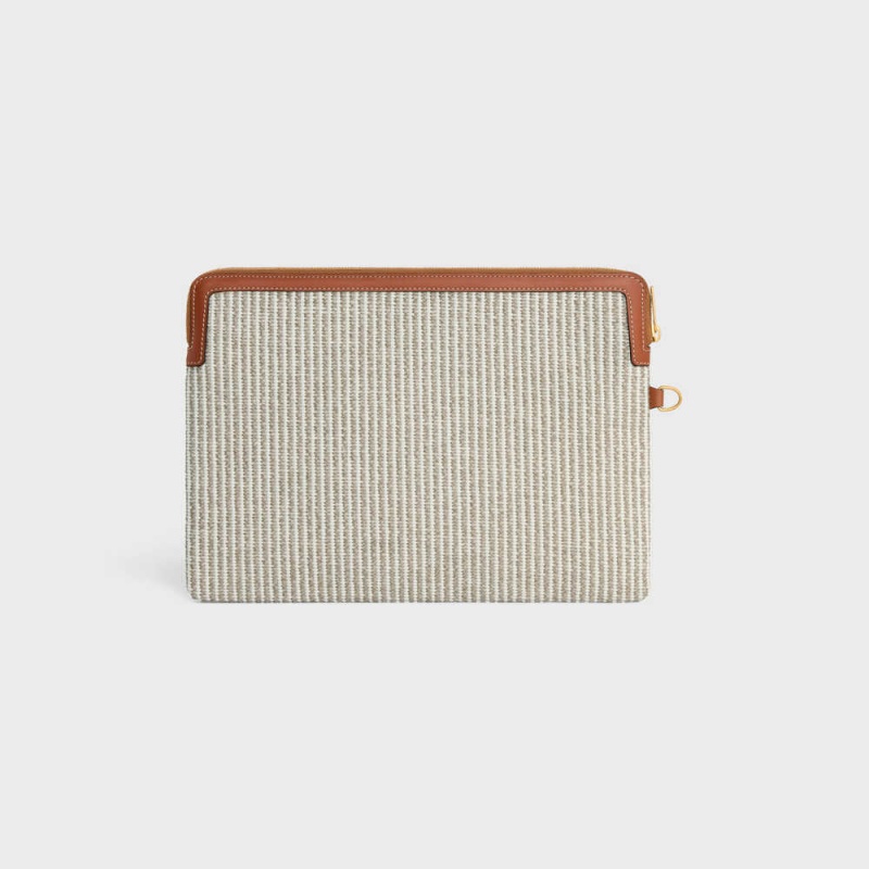 Beige Celine STRAP CUIR TRIOMPHE IN STRIPED TEXTILE AND CALFSKIN Pouch | CL-592886