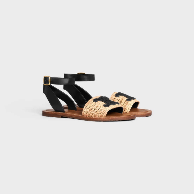 Beige / Black Celine LYMPIA FLAT STRAP in RAFFIA & CALFSKIN Sandals | CL-592578