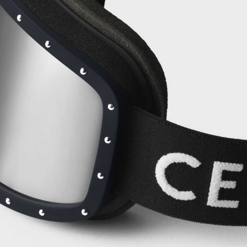 Black/Black Celine Ski Mask in Plastic with Metal Studs & Mirror Lenses Sunglasses | CL-592441