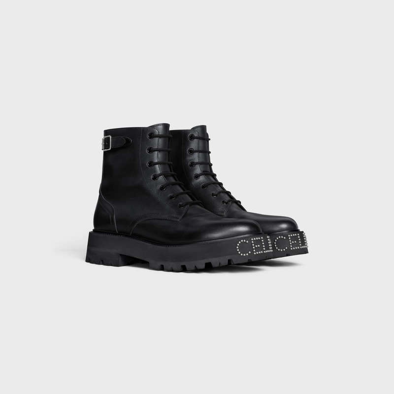 Black Celine BULKY LACE-UP WITH STUDDED OUTSOLE in SHINY BULL Boots | CL-591878