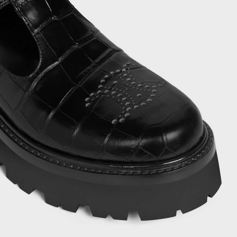 Black Celine Bulky triomphe perforated babies in CROCODILE STAMPED CALFSKIN Loafers | CL-592532