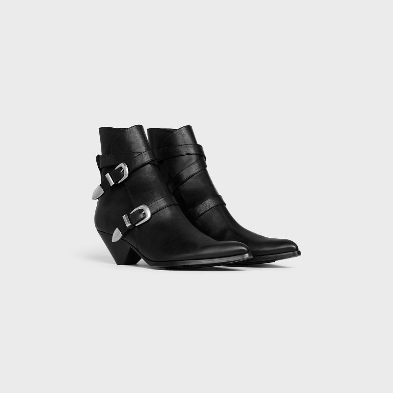 Black Celine DOUBLE BUCKLE ZIPPED CONIQUE in SHINY CALFSKIN Boots | CL-591876