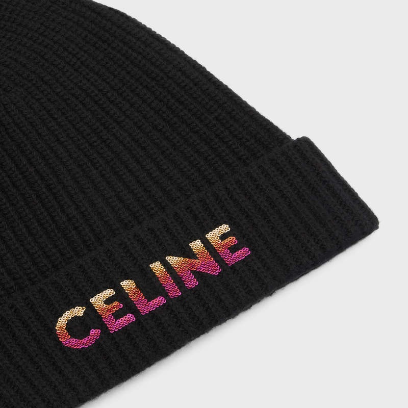 Black Celine EMBROIDERED BEANIE IN RIBBED WOOL Hat | CL-591718