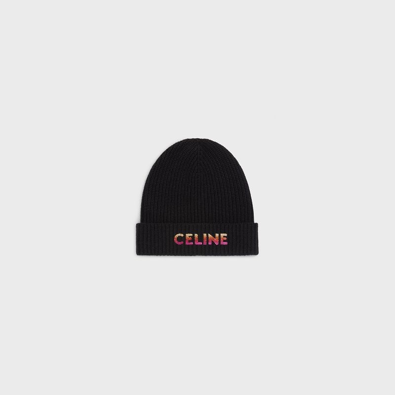 Black Celine EMBROIDERED BEANIE IN RIBBED WOOL Hat | CL-591718