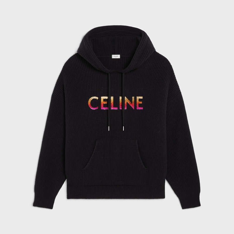 Black Celine EMBROIDERED HOODED IN RIBBED WOOL Sweatshirts | CL-592108