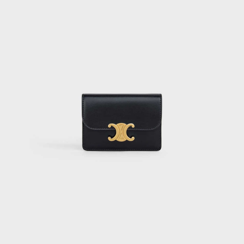 Black Celine FLAP TRIOMPHE Shiny calfskin Card Holders | CL-592946