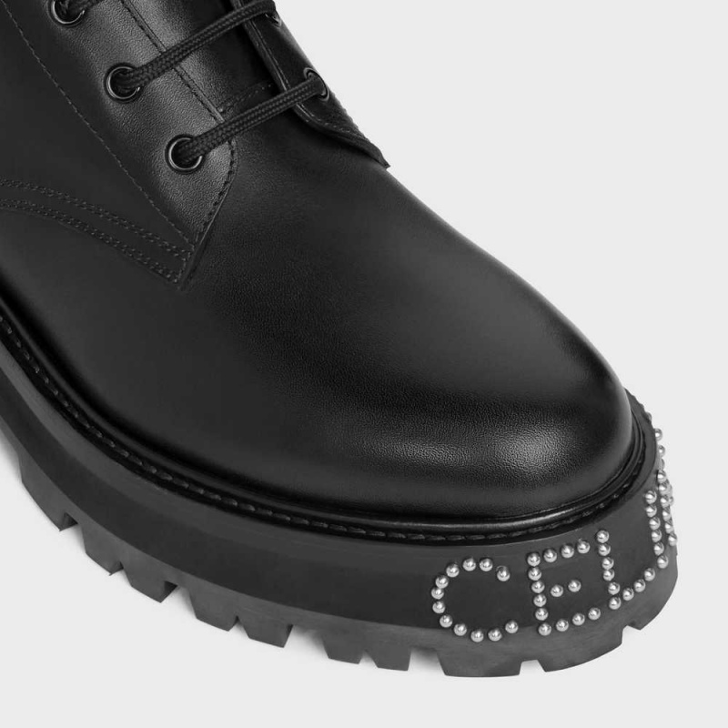 Black Celine LACE-UP WITH TRIOMPHE AND STUDDED OUTSOLE BULKY in SHINY BULLSKIN Boots | CL-592508