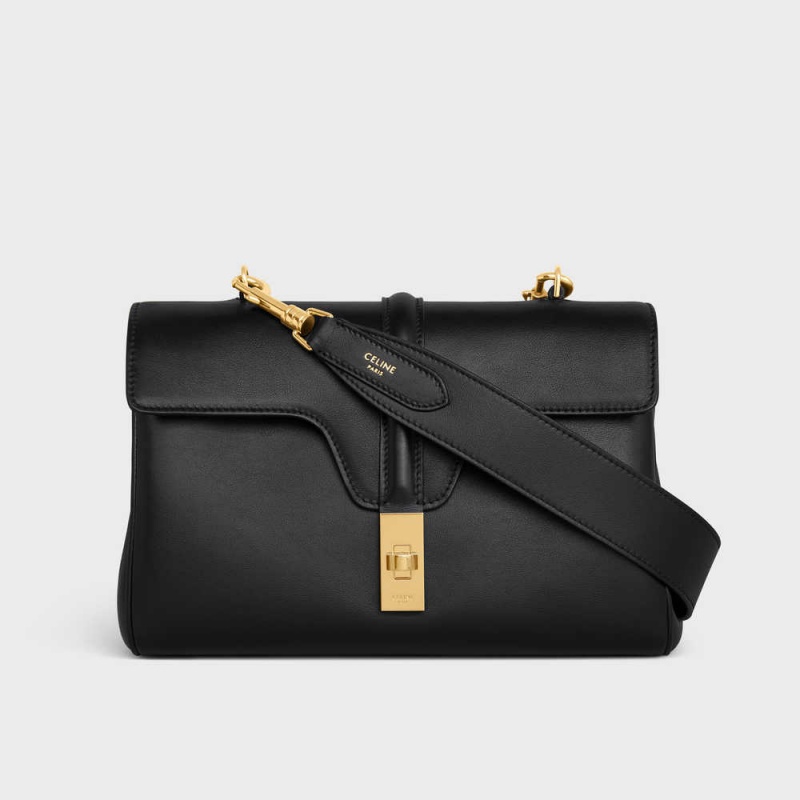 Black Celine Long Strap in smooth calfskin with GOLD FINISHING Leather Goods Accessories | CL-592901