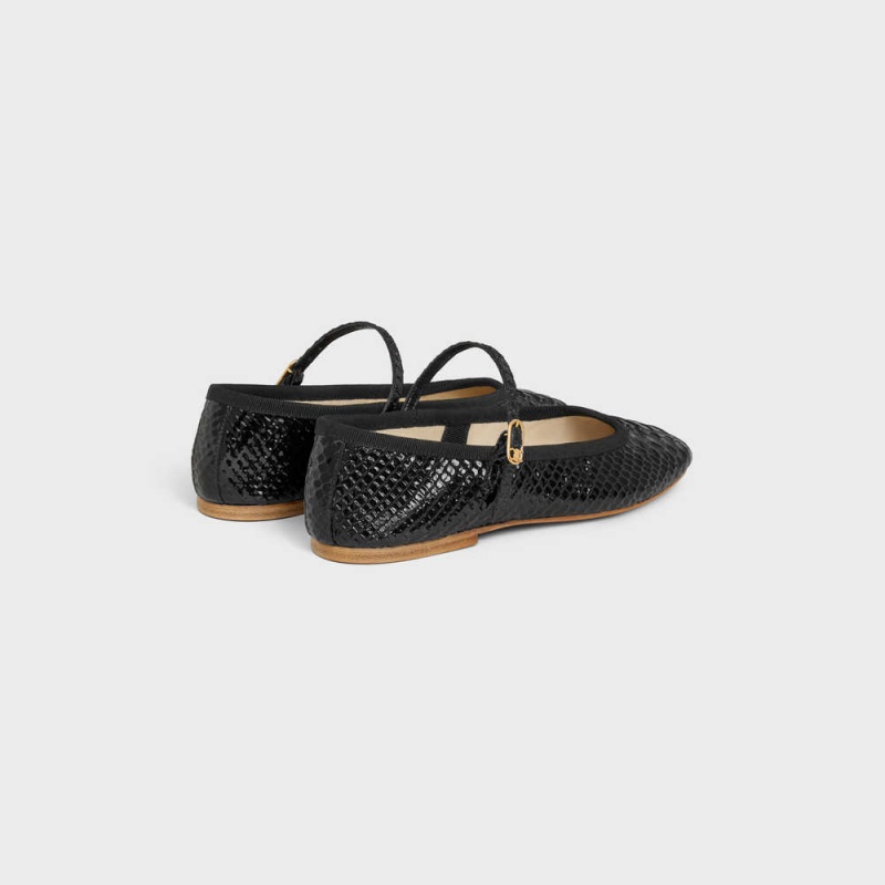 Black Celine MARY JANE BALLERINA LES BALLERINES in Python Stamped Calfskin Loafers | CL-592535