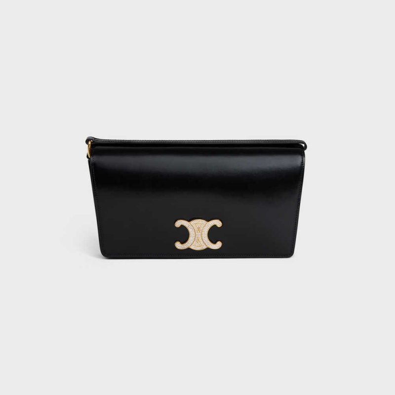 Black Celine TRAPEZE BAG WITH STRASS CLOSURE in shiny calfskin Triomphe | CL-593249