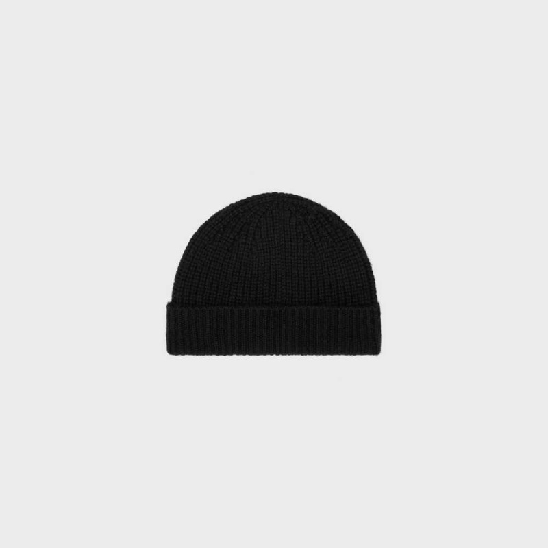 Black Celine TRIOMPHE EMBROIDERED BEANIE IN SEAMLESS CASHMERE Hat | CL-592368