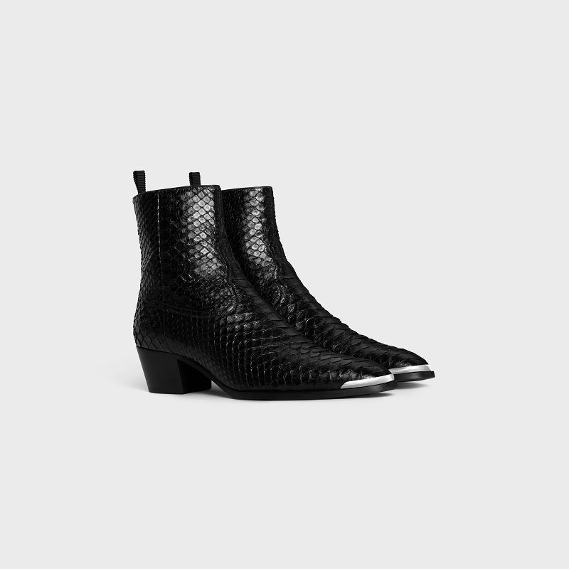 Black Celine WESTERN ISAAC WITH METAL TOE in SHINY PYTHON Boots | CL-591861