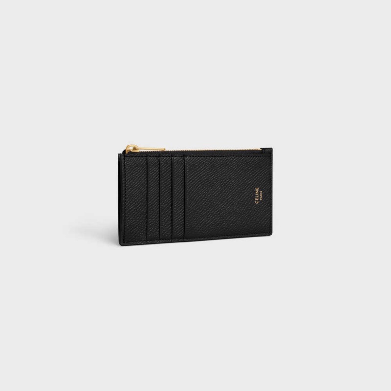 Black Celine ZIPPED COMPACT ESSENTIALS Grained Calfskin Card Holders | CL-592962