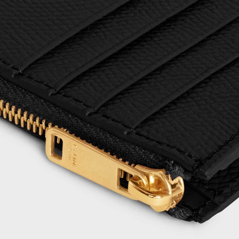 Black Celine ZIPPED COMPACT ESSENTIALS Grained Calfskin Card Holders | CL-592962