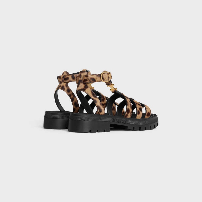 Black / Brown / Beige Celine CLEA TRIOMPHE GLADIATOR CHUNKY in LEOPARD PRINTED HAIRY CALFSKIN Sandals | CL-592573