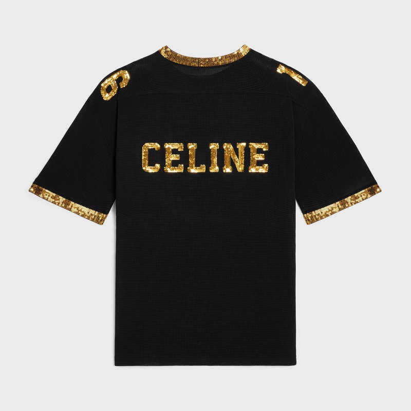 Black / Gold Celine 16 embroidered in jersey mesh T-shirts | CL-592124