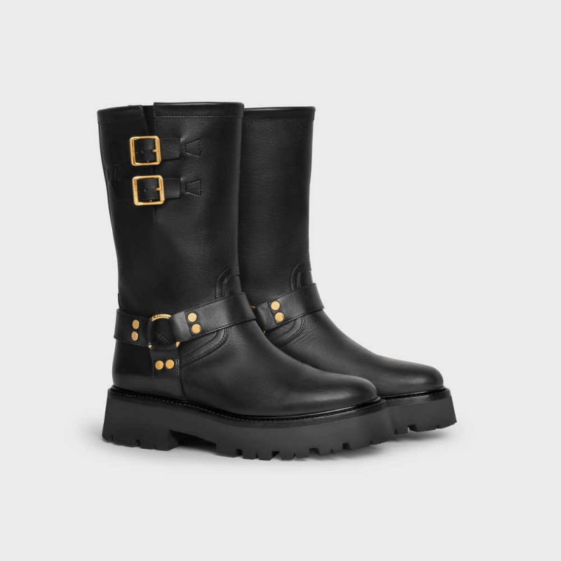 Black / Gold Celine BULKY MID BIKER WITH HARNESS in CALFSKIN - VEGETAL TANNING Boots | CL-592502