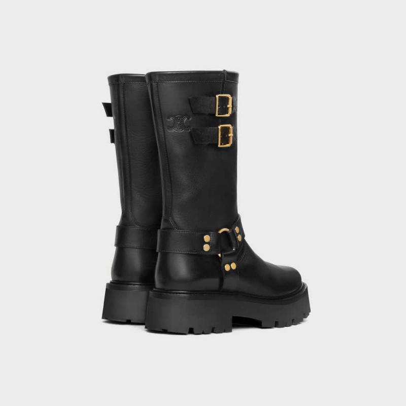 Black / Gold Celine BULKY MID BIKER WITH HARNESS in CALFSKIN - VEGETAL TANNING Boots | CL-592502