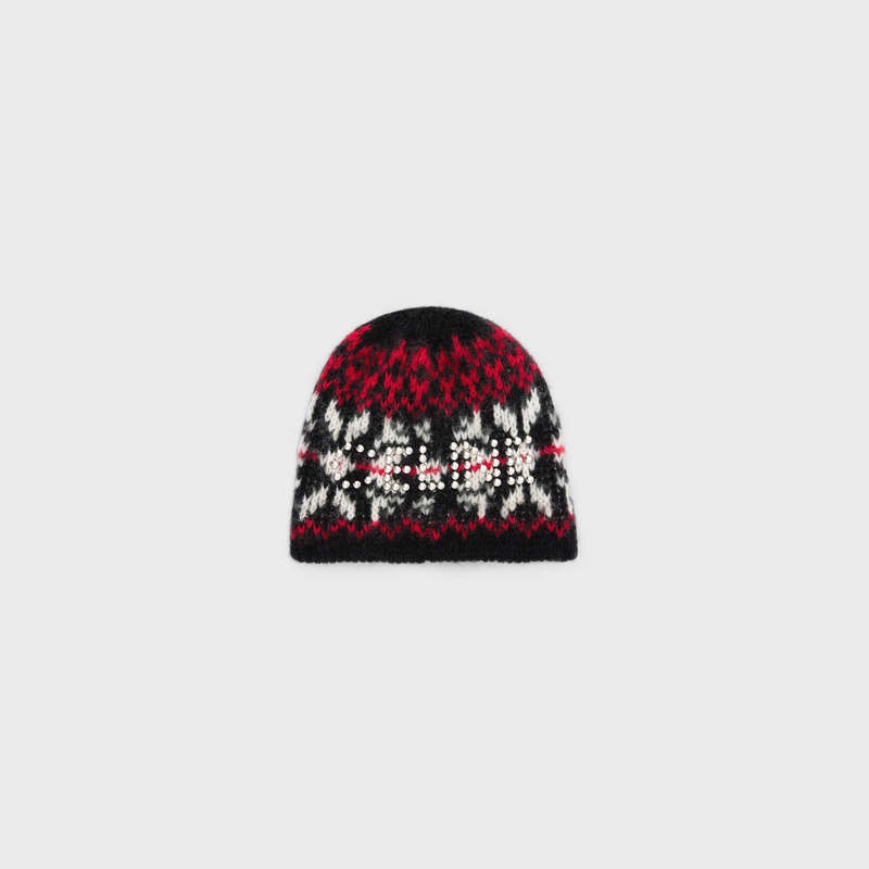 Black / Red / Off White Celine studs beanie in snowflakes wool Hat | CL-591719