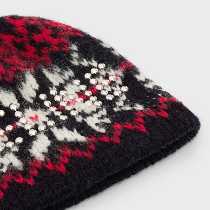 Black / Red / Off White Celine studs beanie in snowflakes wool Hat | CL-591719