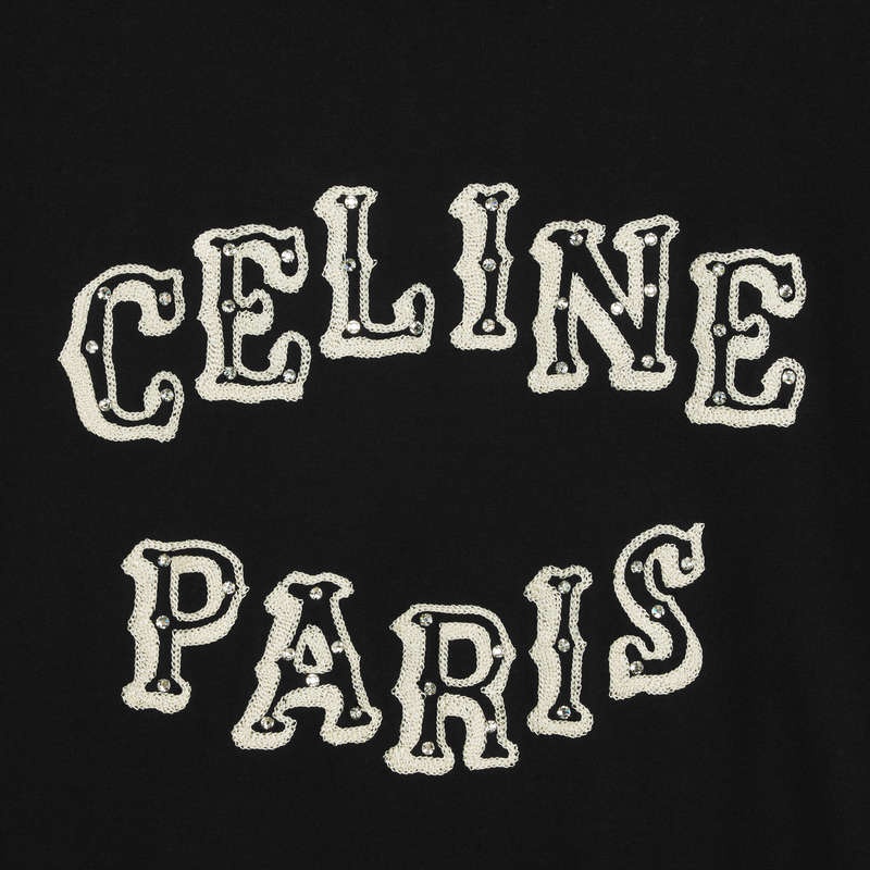 Black/ off white/ crystal Celine loose embroidered in cotton jersey T-shirts | CL-592133