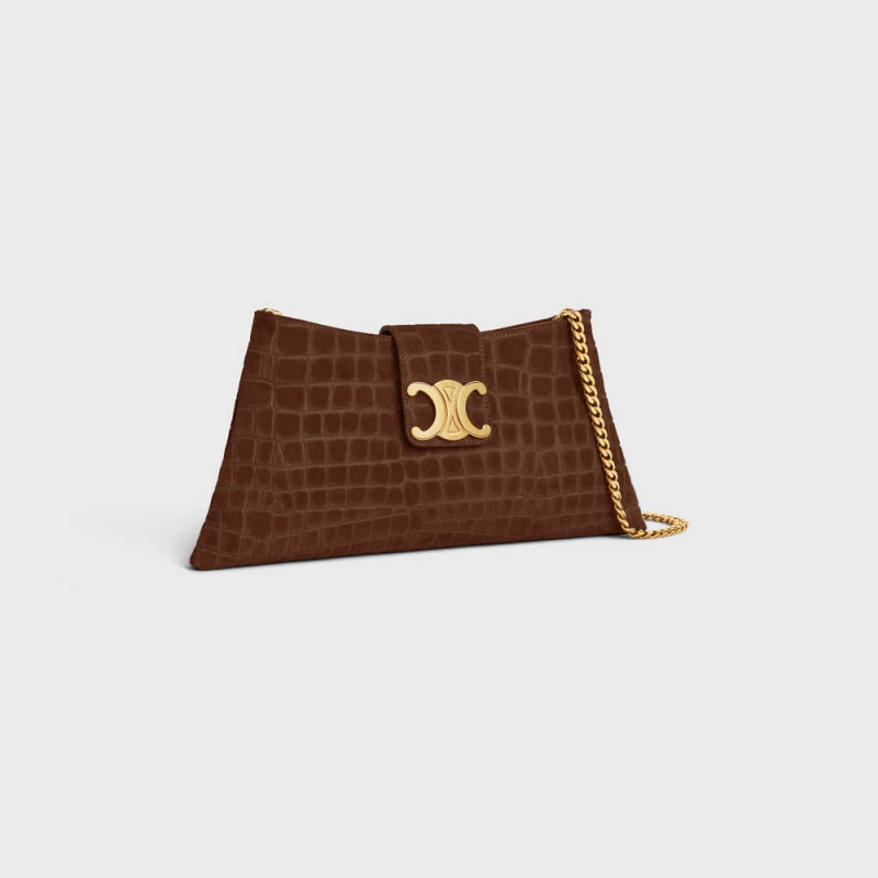 Brown Celine WILTERN CLUTCH SOFT in CROCODILE EMBOSSED SUEDE CALFSKIN Triomphe | CL-593176