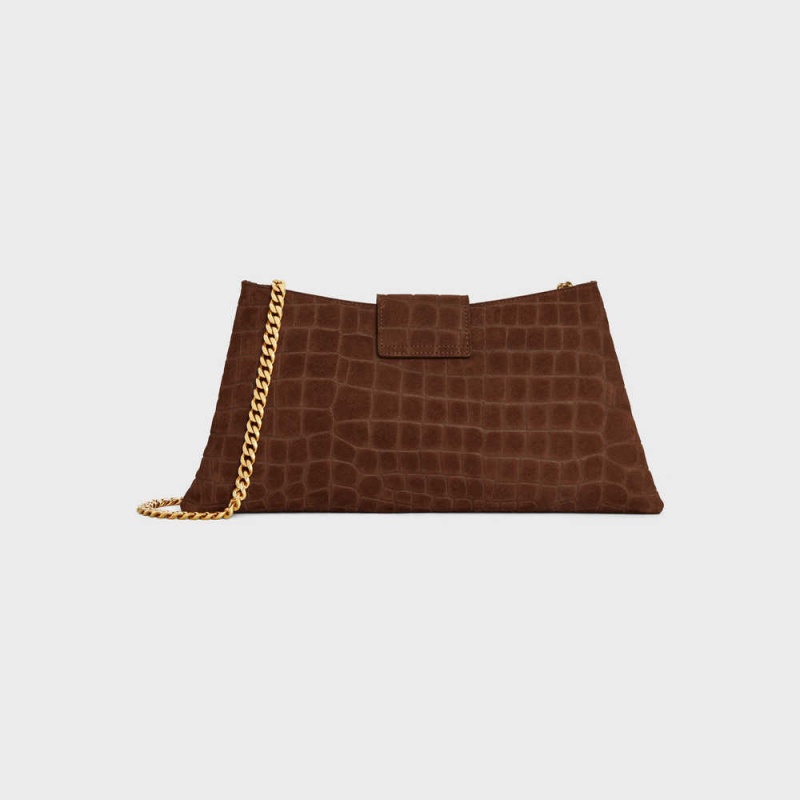 Brown Celine WILTERN CLUTCH SOFT in CROCODILE EMBOSSED SUEDE CALFSKIN Triomphe | CL-593176