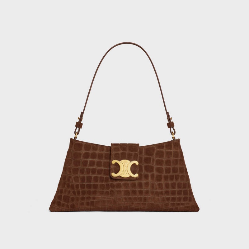 Brown Celine WILTERN CLUTCH SOFT in CROCODILE EMBOSSED SUEDE CALFSKIN Triomphe | CL-593176