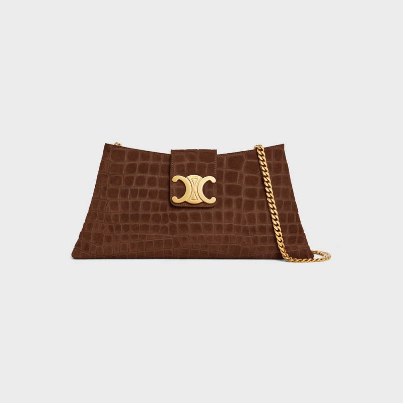 Brown Celine WILTERN CLUTCH SOFT in CROCODILE EMBOSSED SUEDE CALFSKIN Triomphe | CL-593176