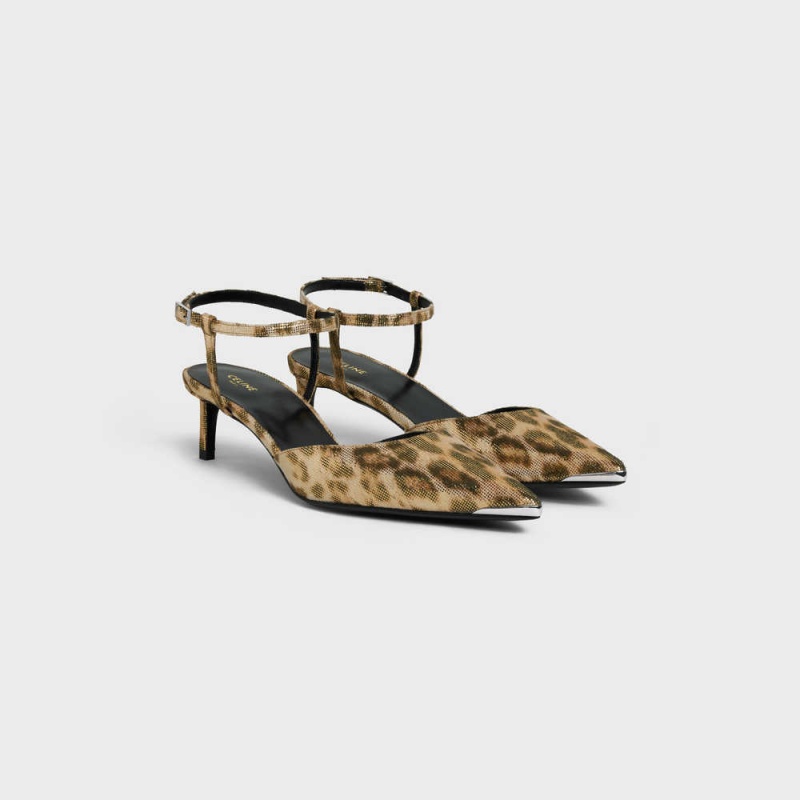 Brown / Gold Celine KITTEN WITH METAL TOE in LEOPARD PRINTED LAMINATED FABRIC Pumps | CL-592563