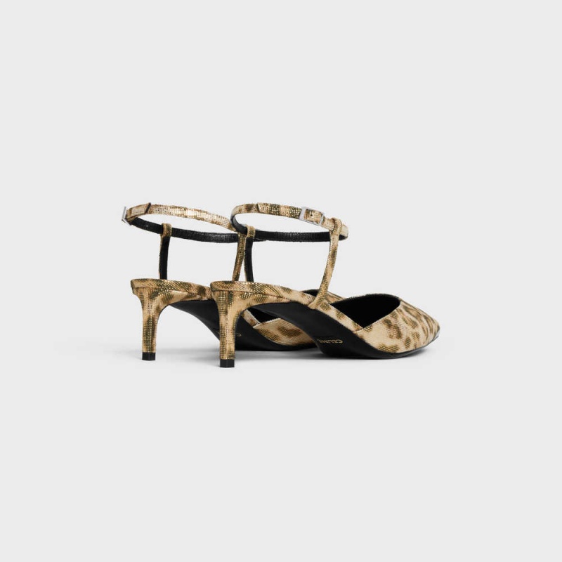 Brown / Gold Celine KITTEN WITH METAL TOE in LEOPARD PRINTED LAMINATED FABRIC Pumps | CL-592563