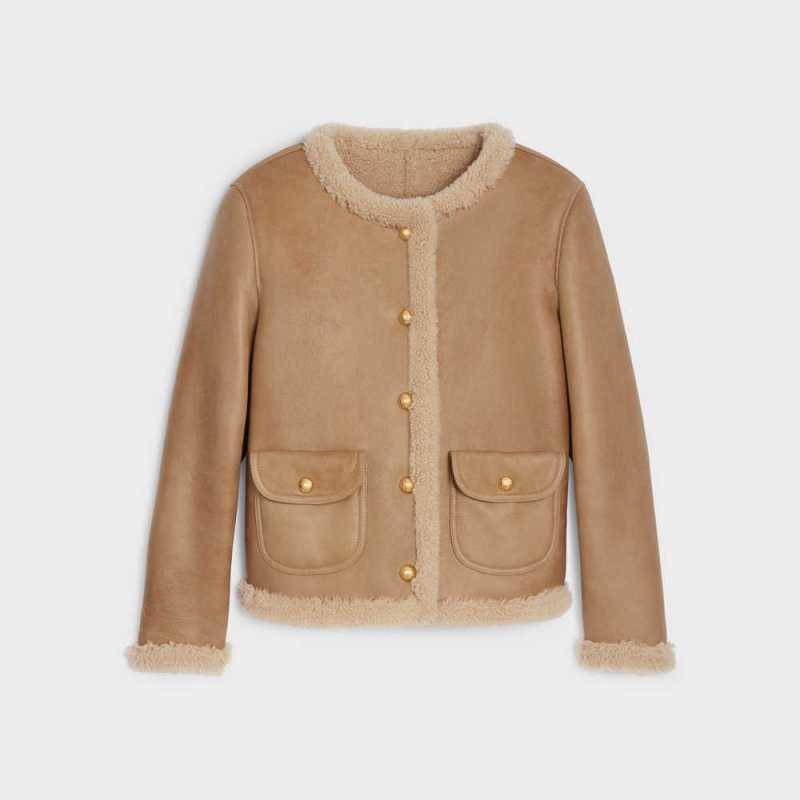 COGNAC / CREAM Celine Cardigan in curly shearling Leather | CL-592615